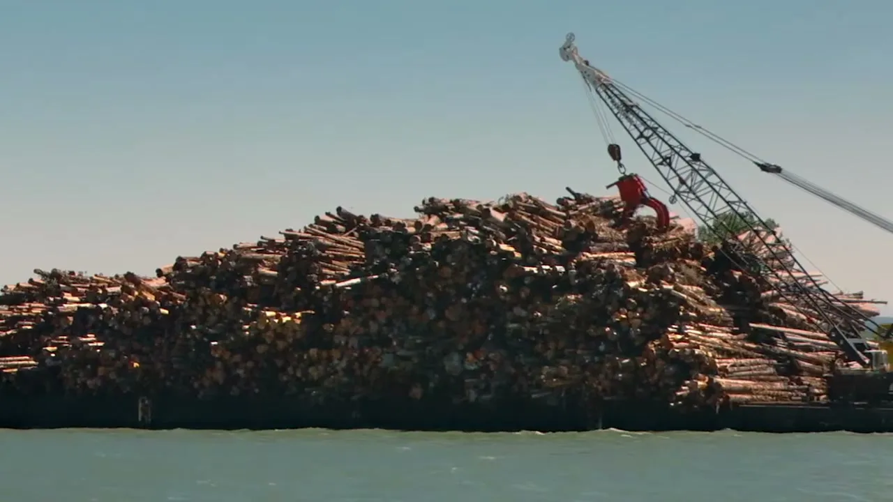 A wide shot shows a large barge piled high with logs, being unloaded by a crane on a sunny day.