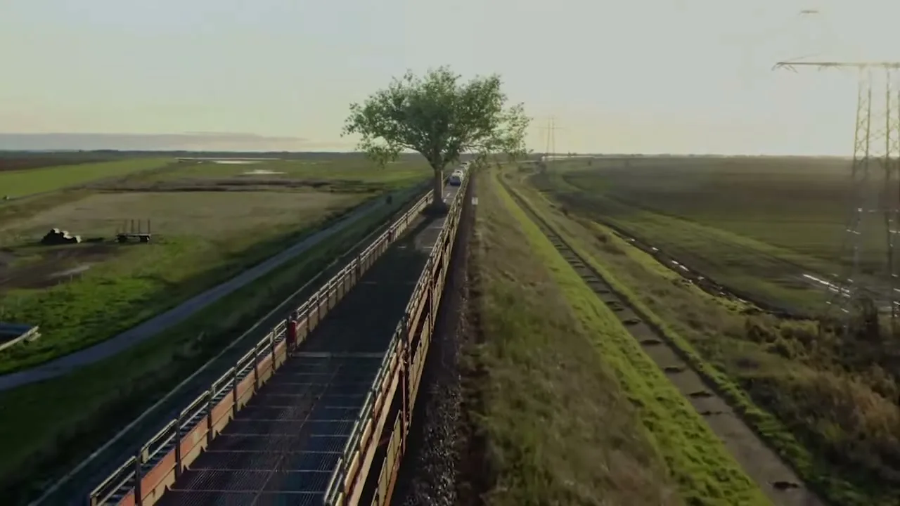 An aerial shot shows a train carrying a single tree and a car on a long, narrow embankment next to a body of water and fields at sunset.