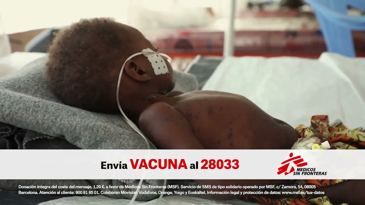 A sick baby with an IV in its ear lies on a bed in a hospital ward, with text overlay asking for donations.