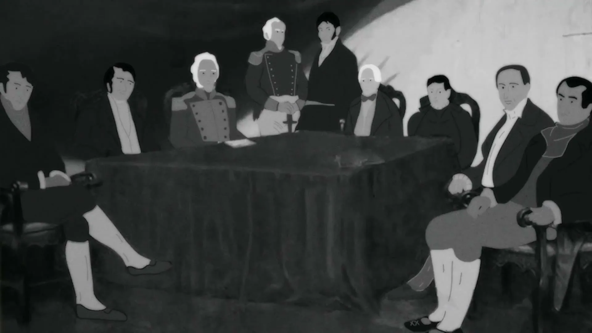 A group of men in historical attire are seated around a table, depicted in a black and white animated style, discussing something important.