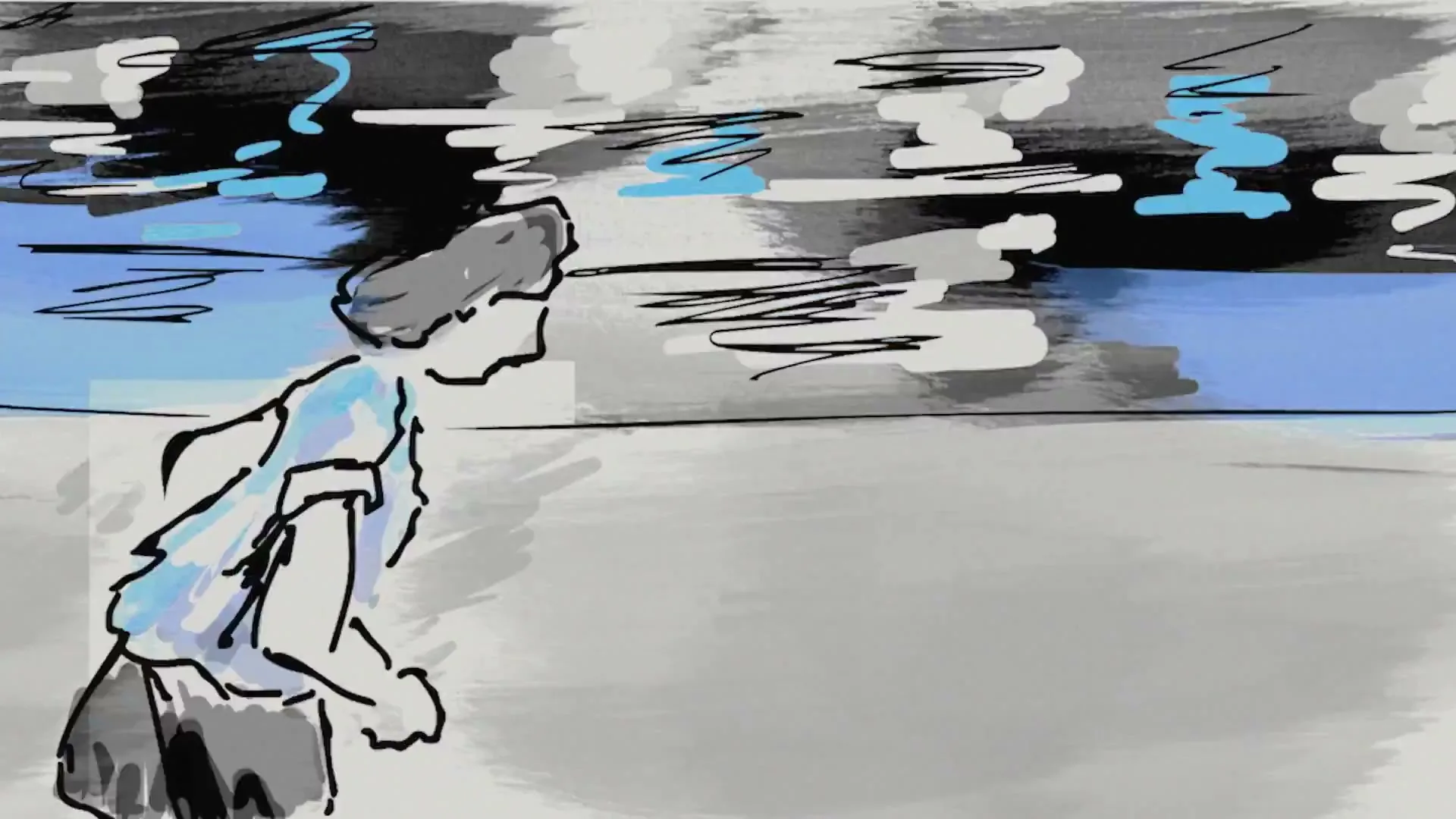 A hand-drawn animated person in a blue shirt and dark shorts runs from left to right across a gray landscape under a blue and gray sky.