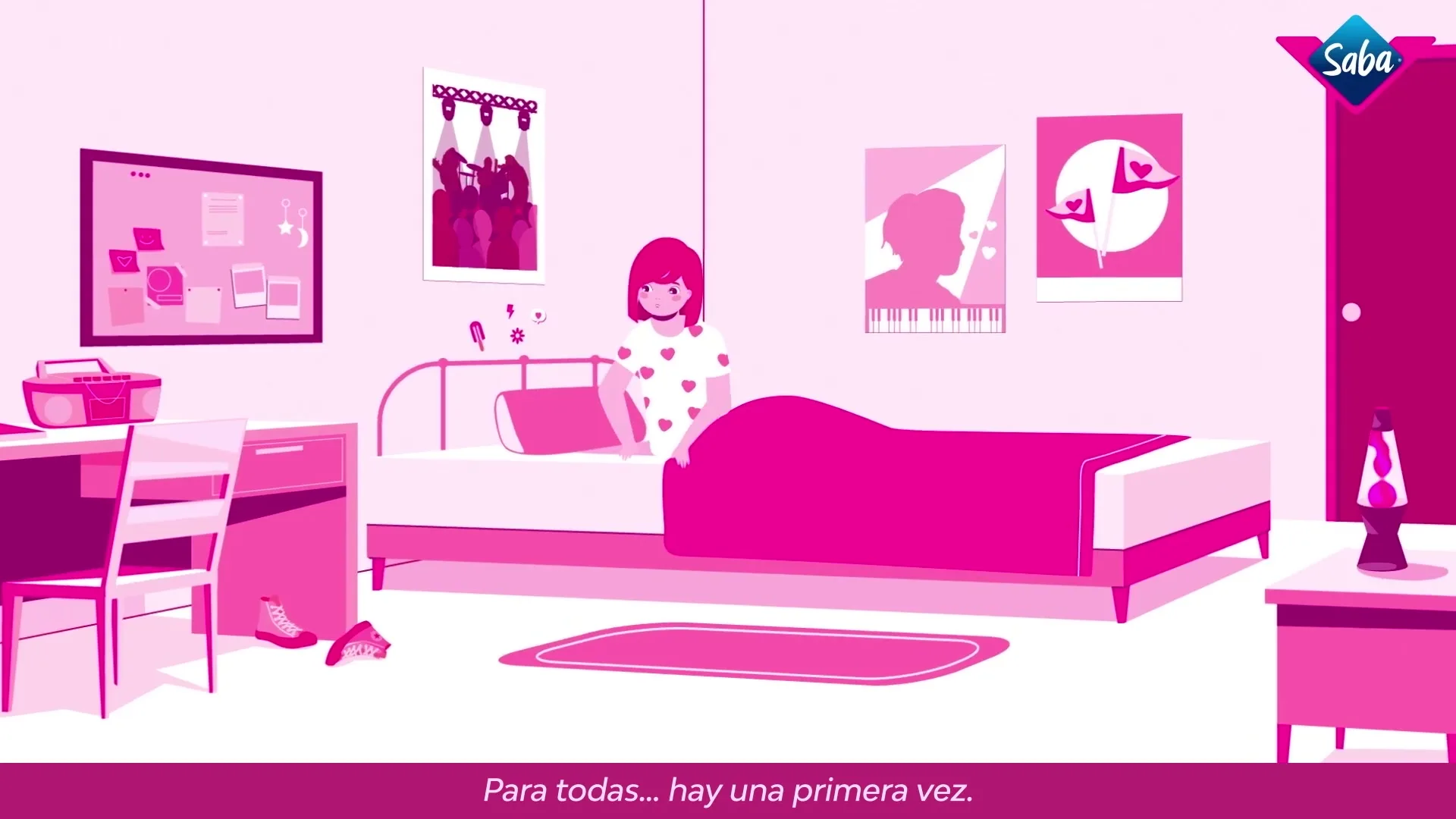 A young animated girl with red hair and a white heart-patterned shirt sits up in her bed in a pink bedroom.