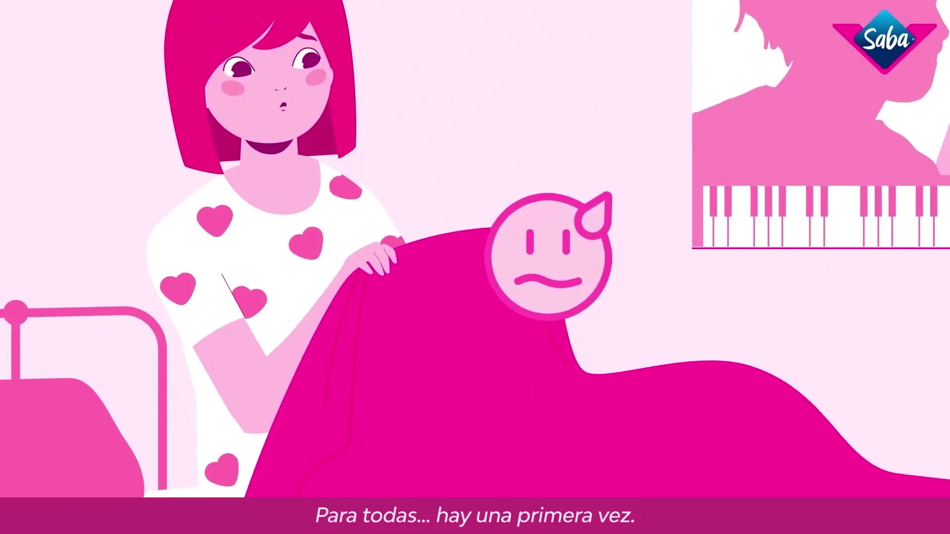 A young animated woman with pink hair and a heart-patterned shirt looks worried as she pulls up a pink blanket in a bedroom.