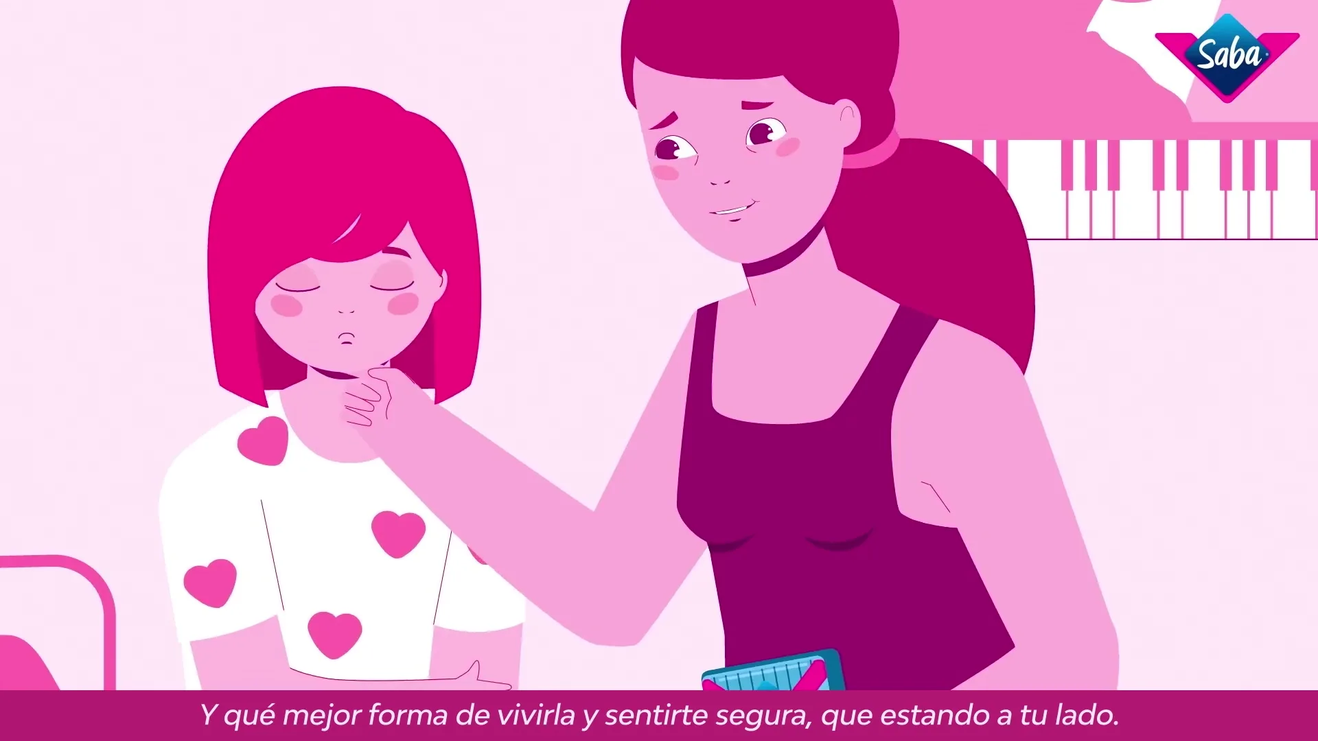 A mother with dark pink hair and a dark pink top comforts her daughter with light pink hair and a white shirt with pink hearts, while holding a blue and pink product package.