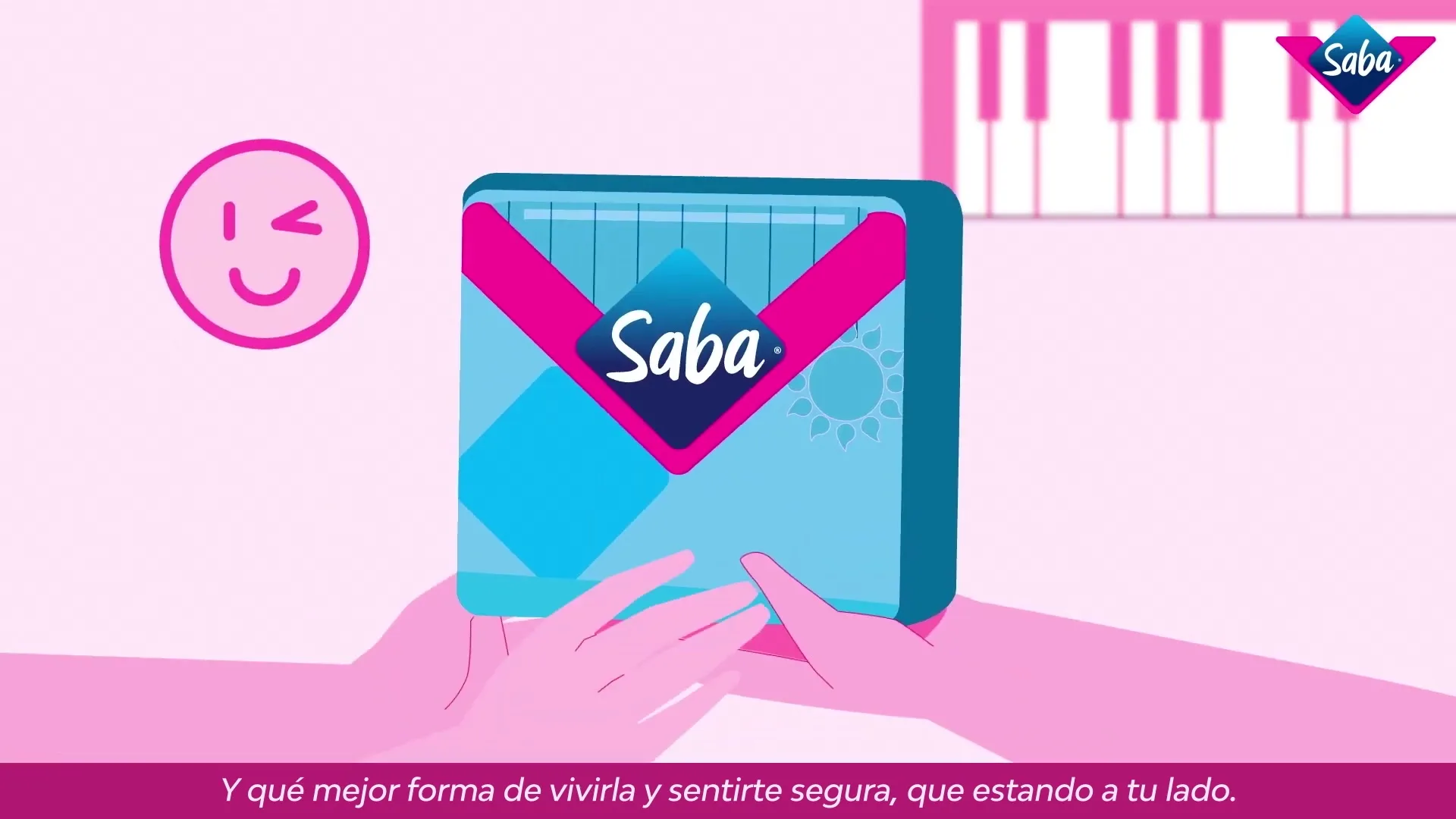 A pair of animated hands hold up a Saba product package, with a winking emoji appearing next to it, in a bright pink and blue animated setting.