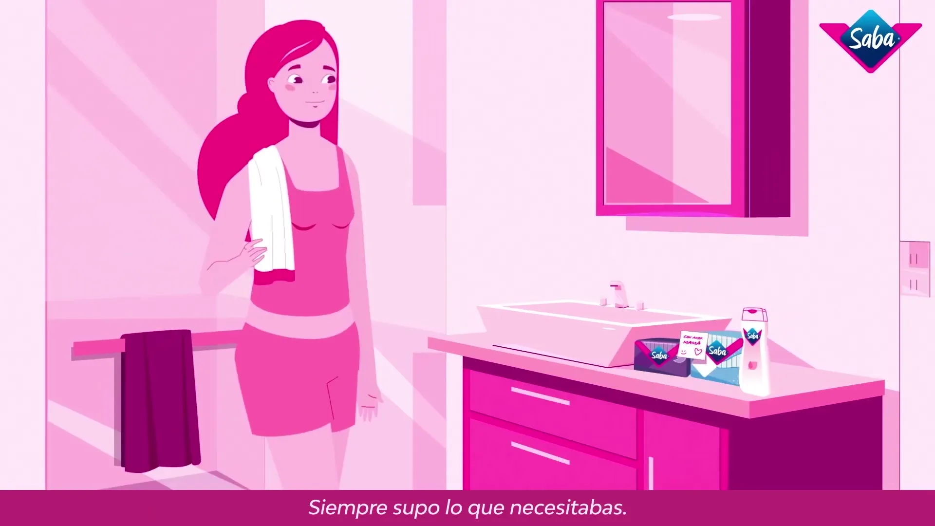 A young woman with a towel over her shoulder stands in a pink bathroom, looking down at the sink where Saba products are displayed.
