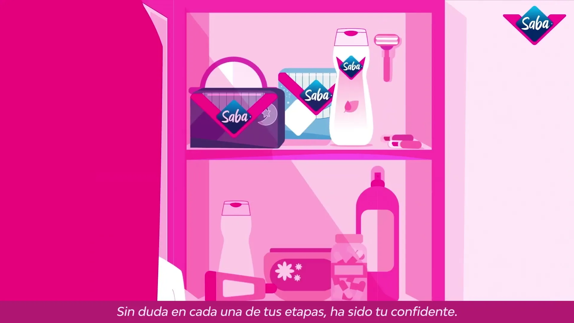 An animated hand reaches for a bottle on a shelf, then the shot transitions to a woman looking at her reflection in a mirror with a note on it.