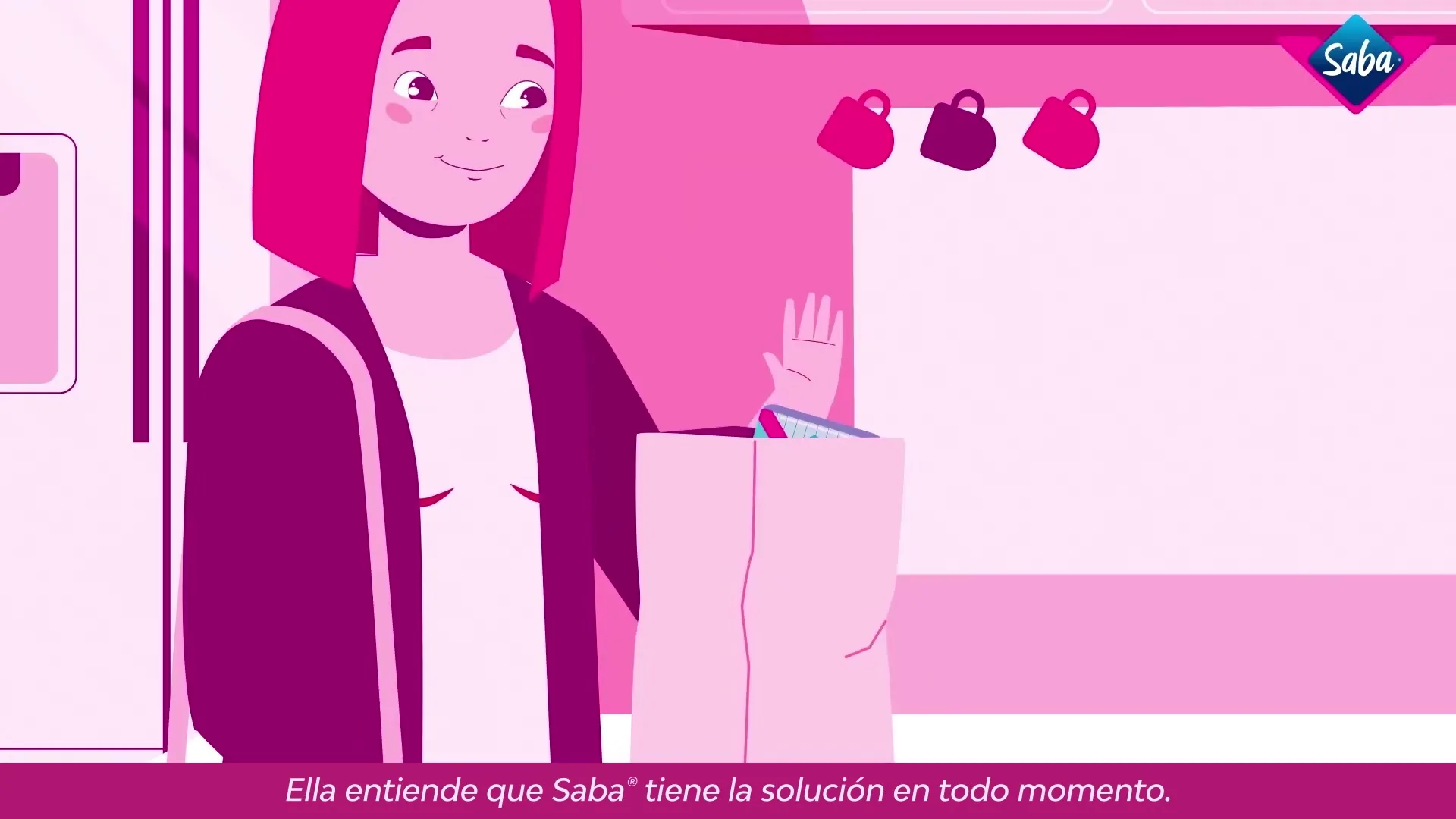 A young woman with pink hair and a dark jacket smiles as she places a product into a paper bag in a pink kitchen.