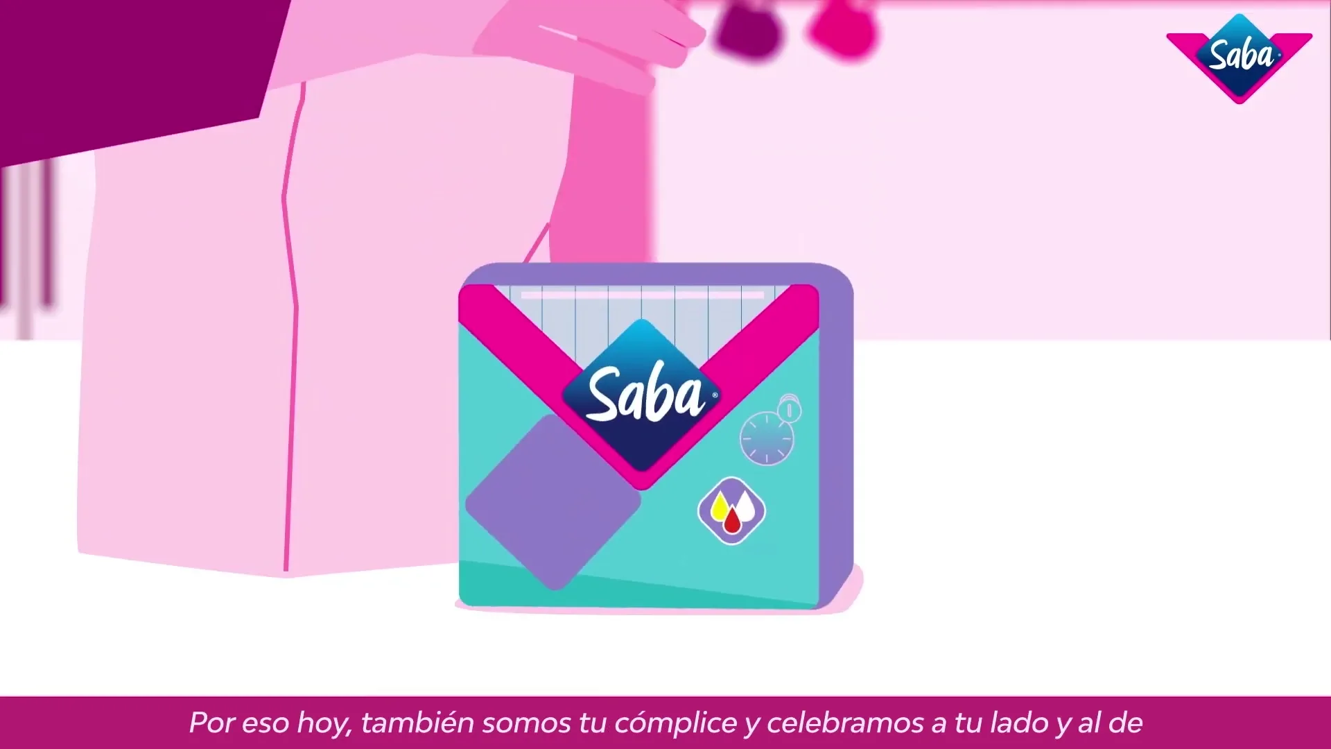 An animated hand places a Saba sanitary pad package onto a surface, with the brand logo visible in the top right corner.