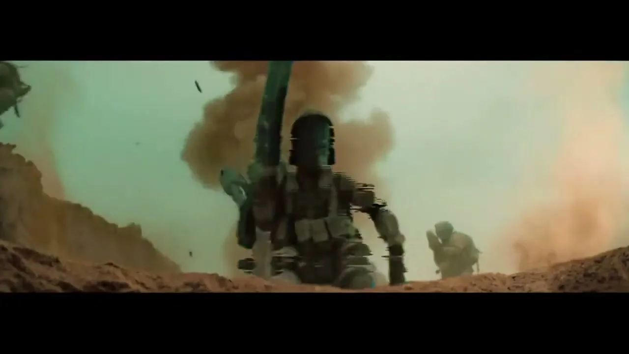 Soldiers in full combat gear run through a dusty, war-torn desert landscape, with explosions and debris around them under a hazy sky.