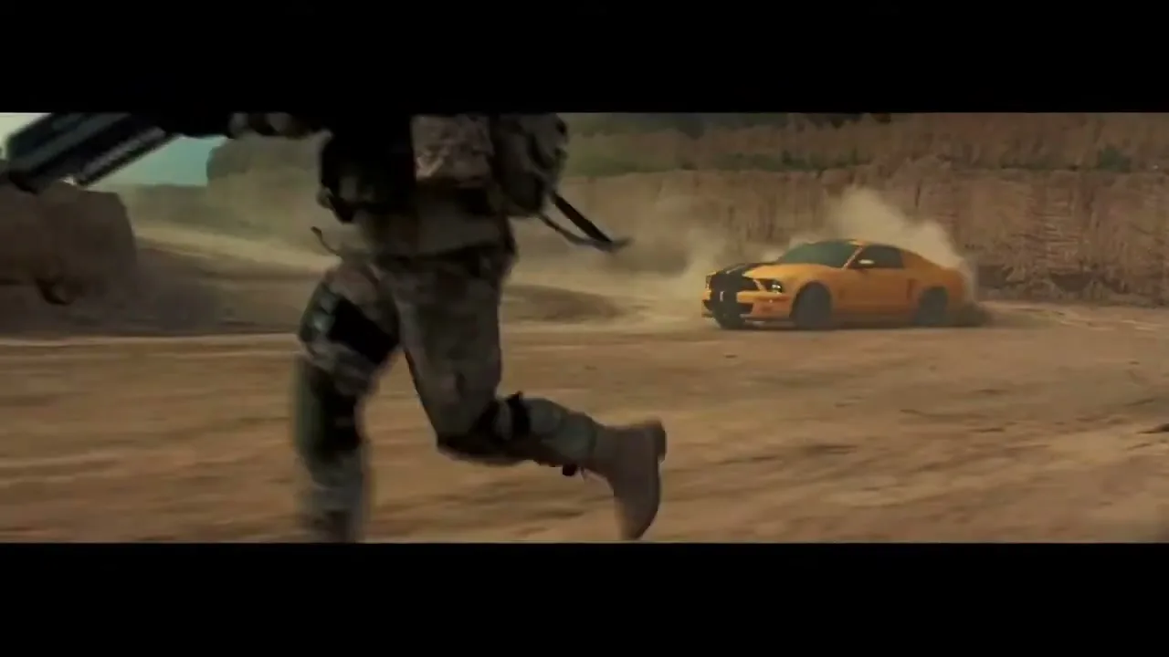 Two soldiers in camouflage run across a dusty desert landscape as a yellow sports car drifts in the background, kicking up dust.