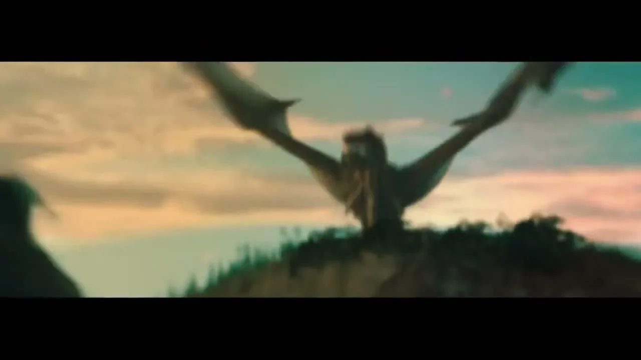 A man with dark hair and a beard, wearing a dark jacket, is seen from behind as he looks up at a large, winged creature flying in a colorful sky.