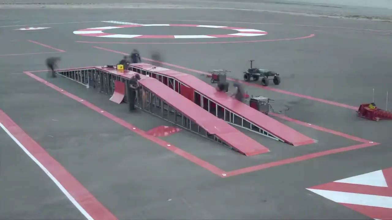 A time-lapse shot shows a crew of men building a red metal ramp structure on an outdoor test track during the day.