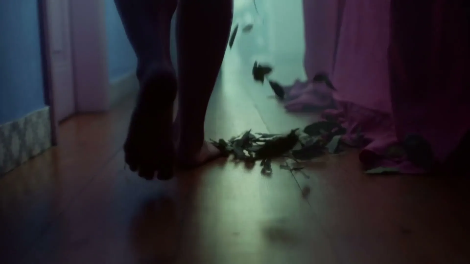 A person's bare feet walk on a wooden floor, leaving a trail of green leaves behind them in a dimly lit room.