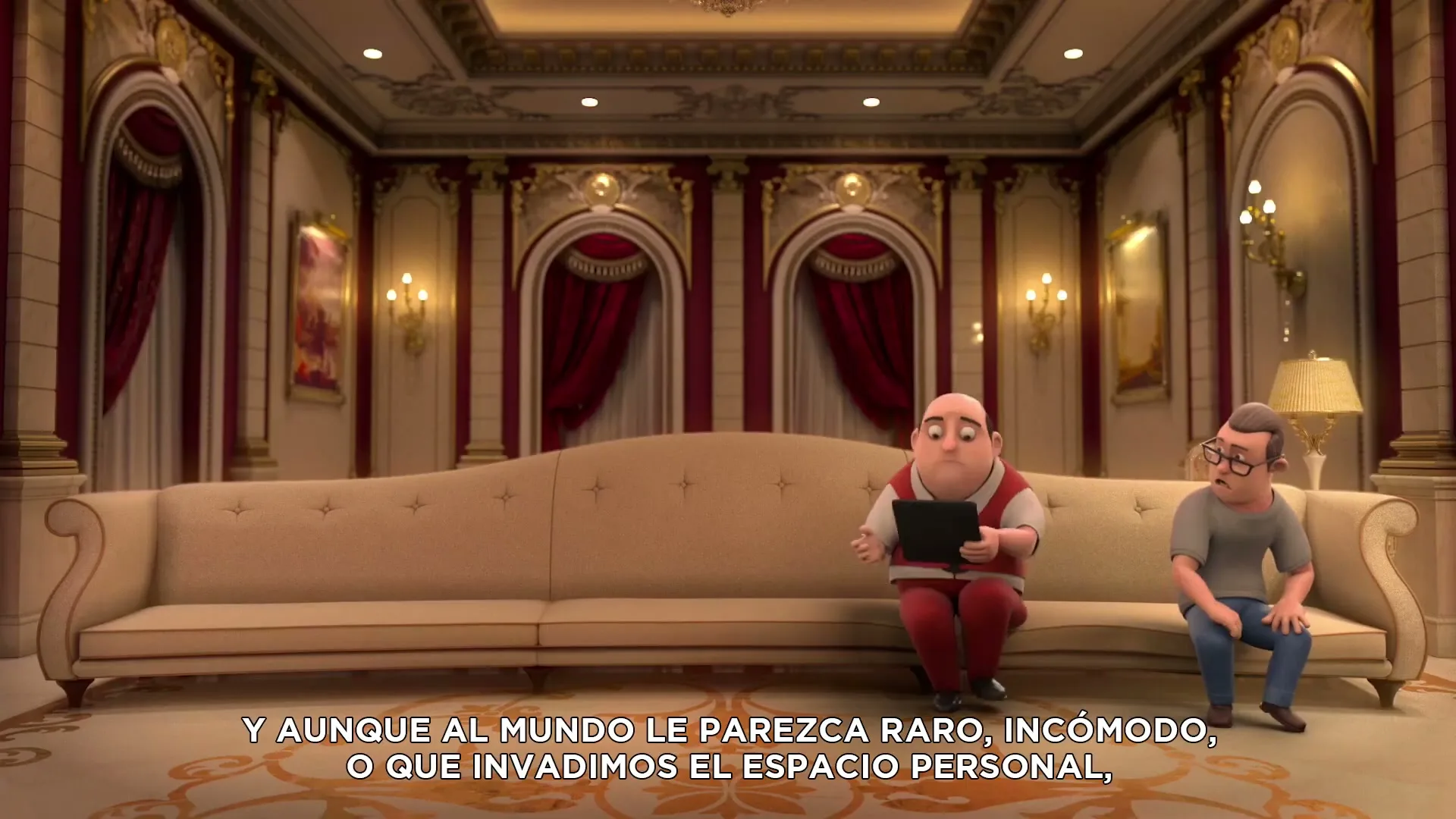 Two animated men, one bald and one with glasses, sit on a long, ornate sofa in a luxurious room, looking at a tablet.