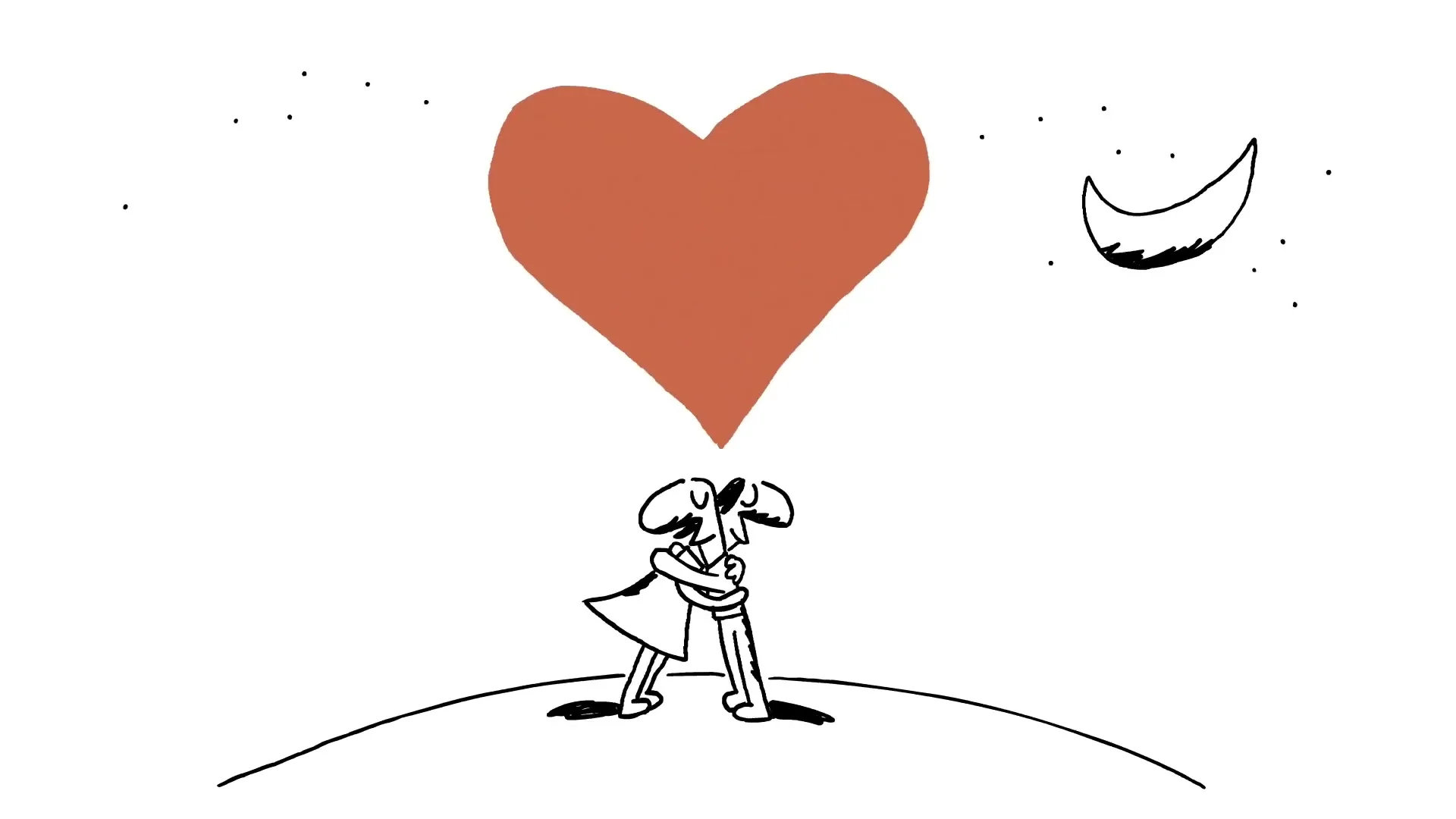 Two animated stick figures, a male and a female, kiss and then hug on a small hill under a crescent moon and stars, with a red heart appearing between them.