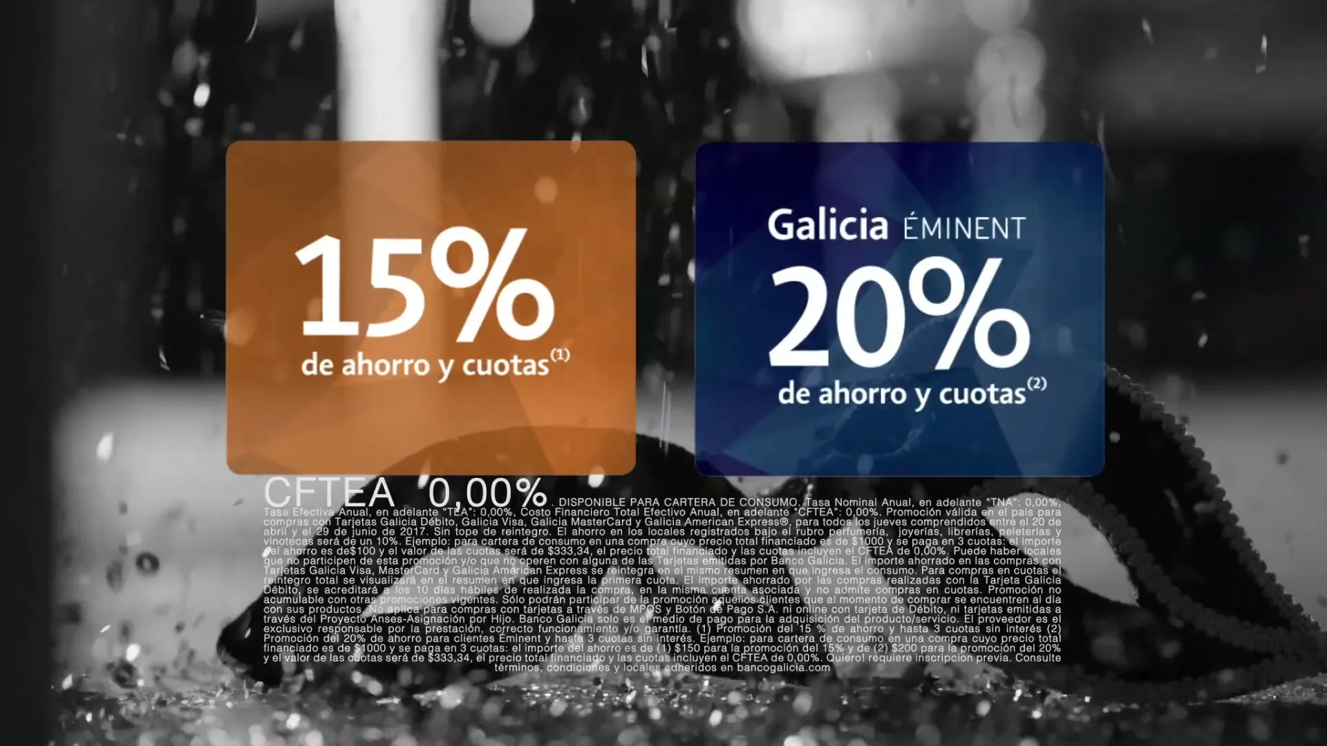 Two graphic cards with "15% de ahorro y cuotas" and "Galicia ÉMINENT 20% de ahorro y cuotas" are displayed over a blurred background with water droplets.