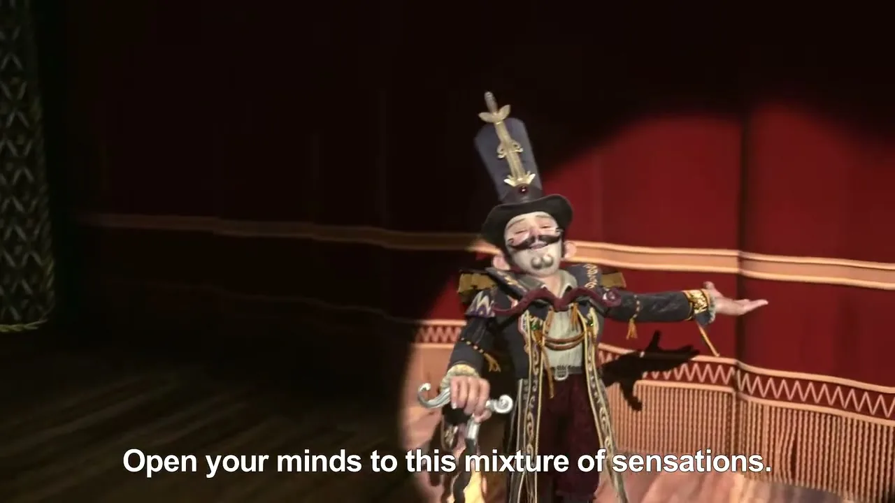 A puppet master in a top hat and elaborate costume stands on a stage, then reveals a vast, intricate factory filled with giant puppets and machinery.