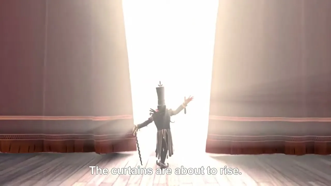 A male puppet-like figure in a black suit and top hat stands on a wooden stage, arms outstretched, as red curtains open to reveal bright light.