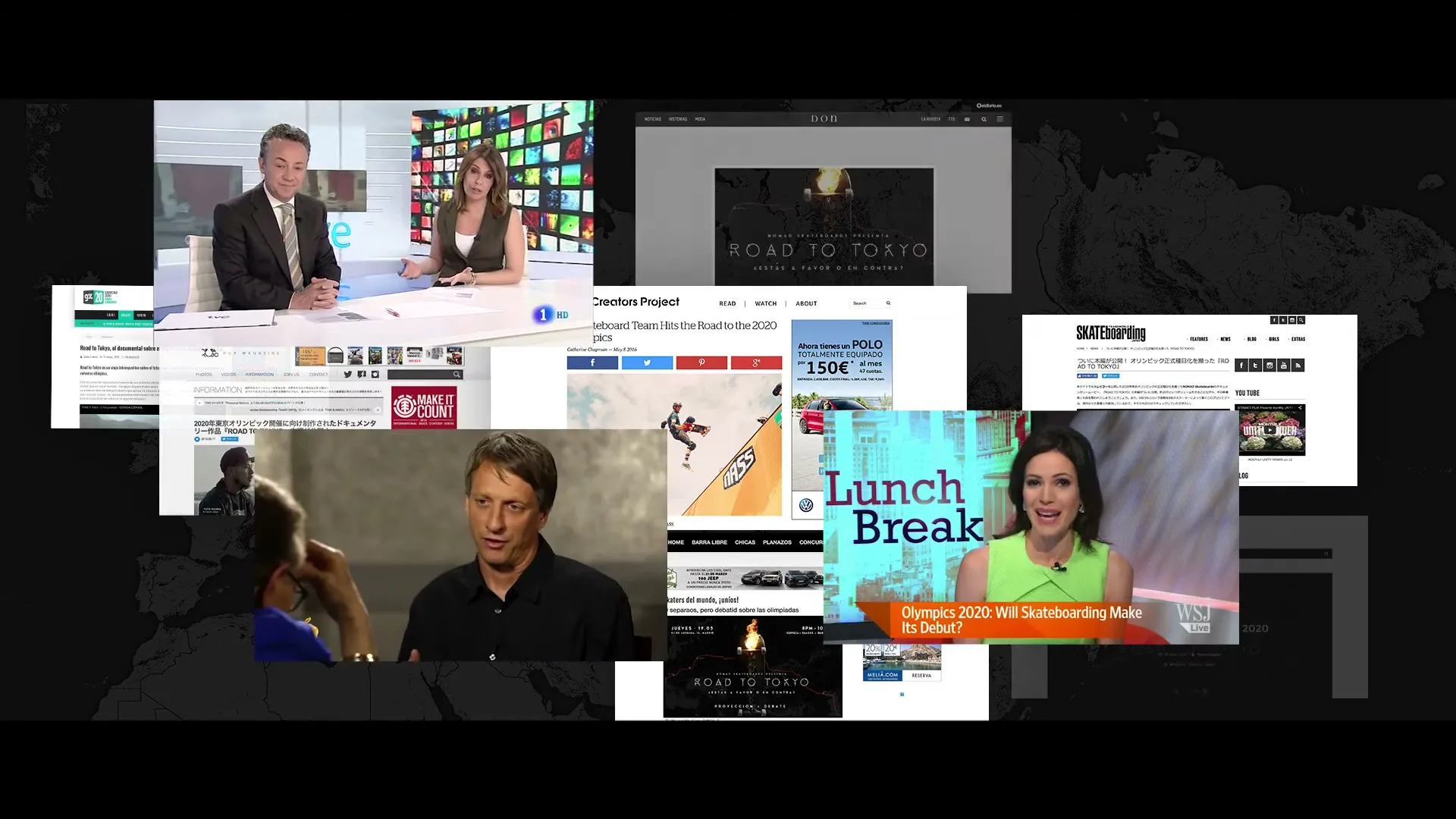 A collage of news articles and videos about skateboarding and the Olympics appears on a dark background with a world map overlay.