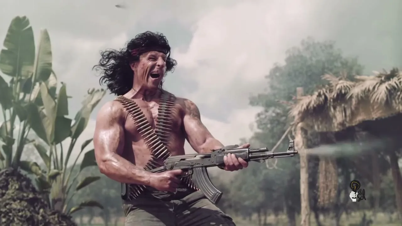 A muscular man with long dark hair and a headband, resembling Rambo, fires a machine gun in a jungle setting.