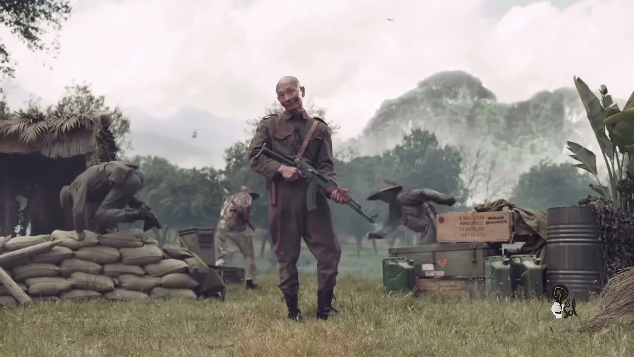 A bald man in a military uniform holds a rifle and smiles at the camera, surrounded by other soldiers and military supplies in a jungle setting.