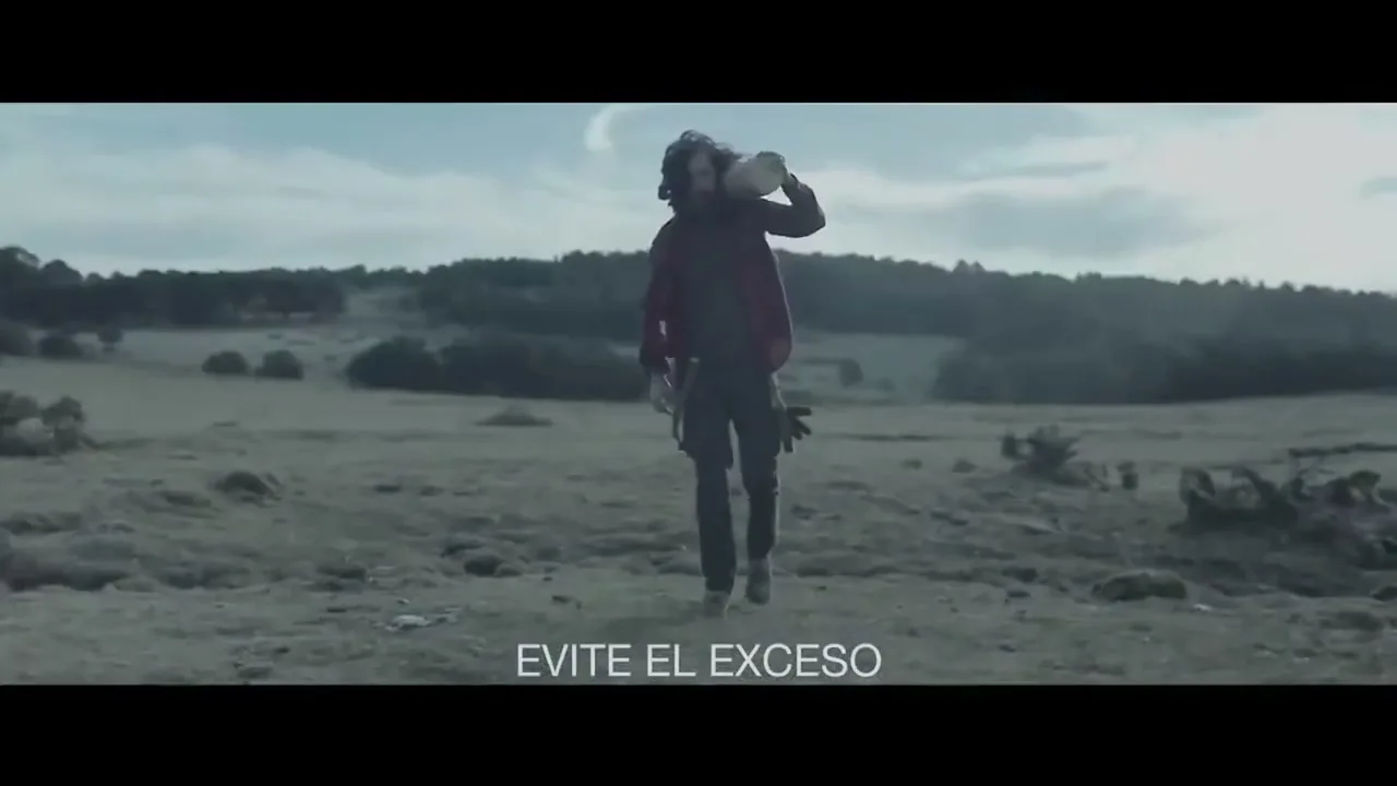 A man with long hair and a beard, wearing a red jacket and dark pants, walks across a barren field carrying a large jug on his shoulder.