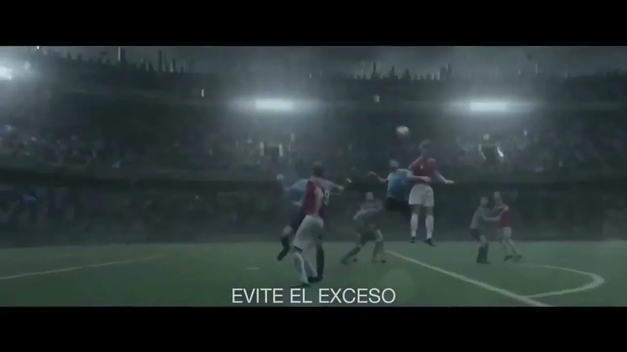 A wide shot of a soccer match in a stadium at night, with players jumping for a header and "EVITE EL EXCESO" text on screen.