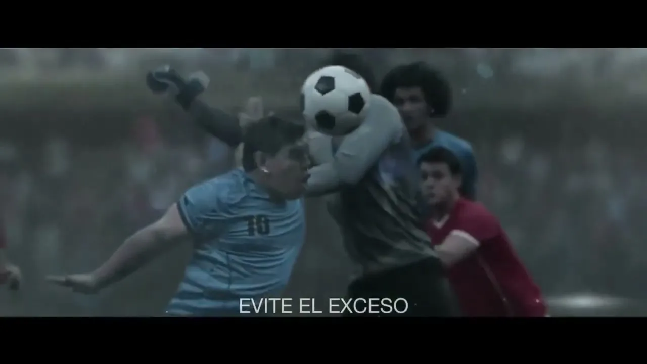 A male soccer player in a light blue jersey with the number 10 on it heads a soccer ball during a game in a stadium.