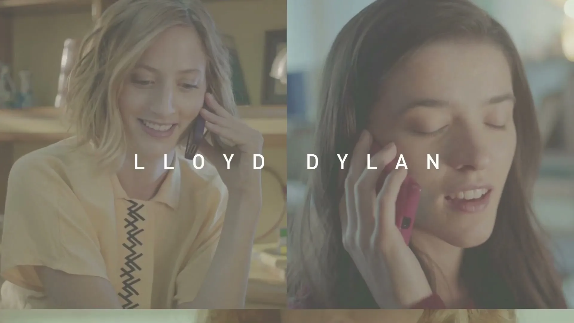 Three women and one man are shown in a split screen, talking on phones, with their names appearing as anagrams on screen.