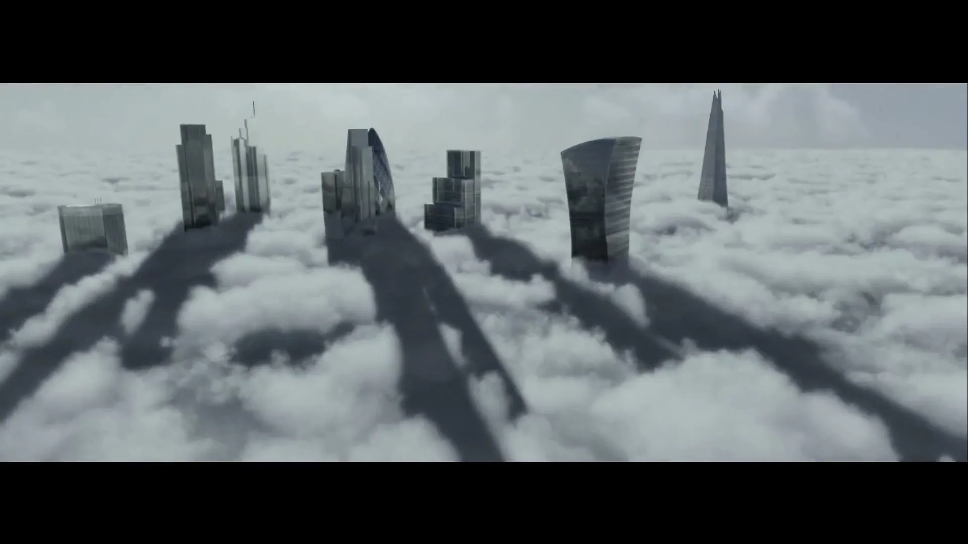 A wide shot shows a surreal cityscape with several tall, modern buildings emerging from a sea of clouds under a bright sky.