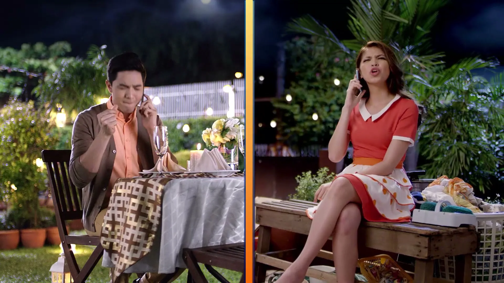 A split screen shows a man on the left at a romantic dinner table and a woman on the right doing laundry, both talking on their phones at night.