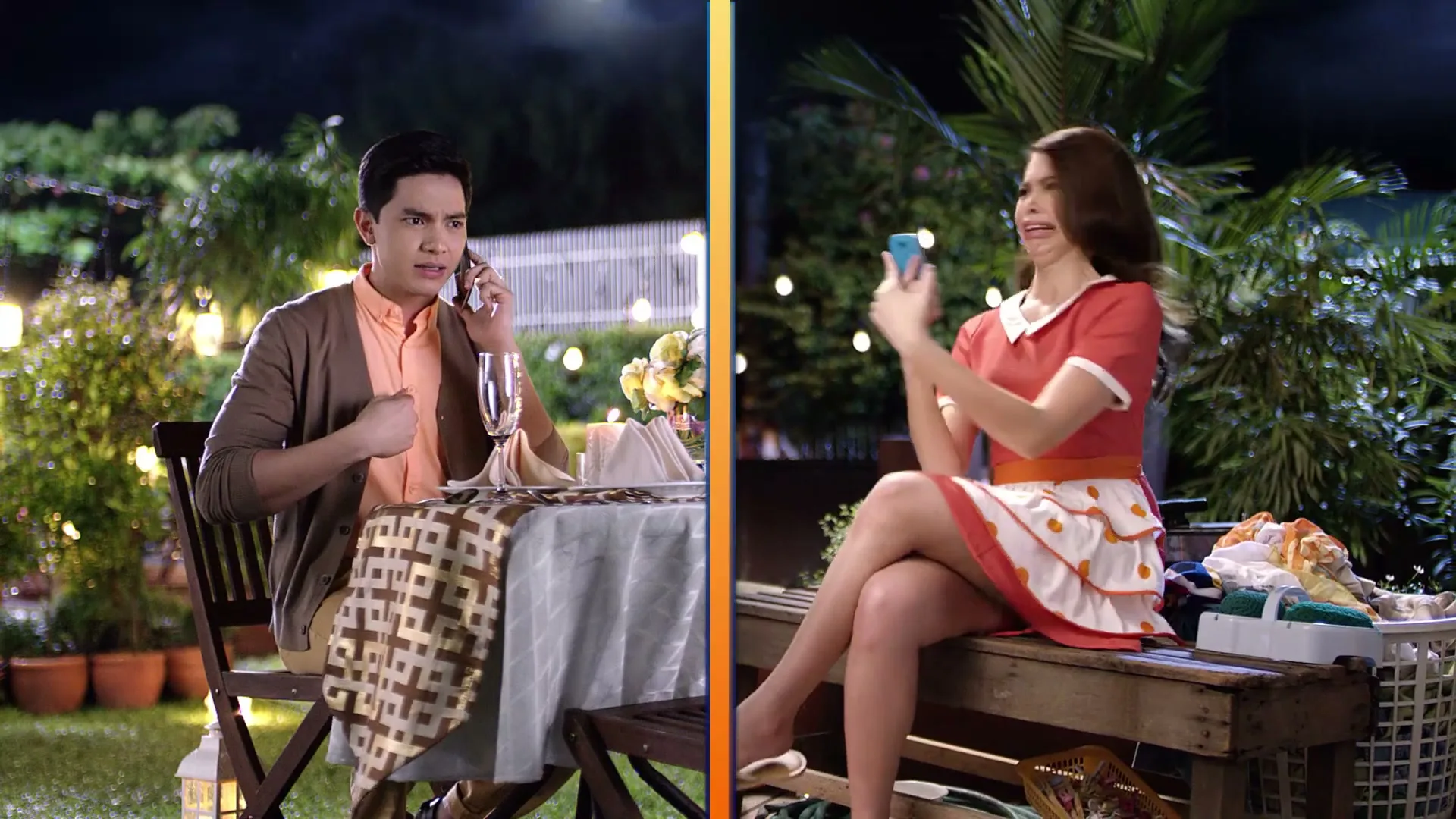 A split screen shows a man on the left at a dinner table and a woman on the right sitting on a bench, both talking on their phones at night.