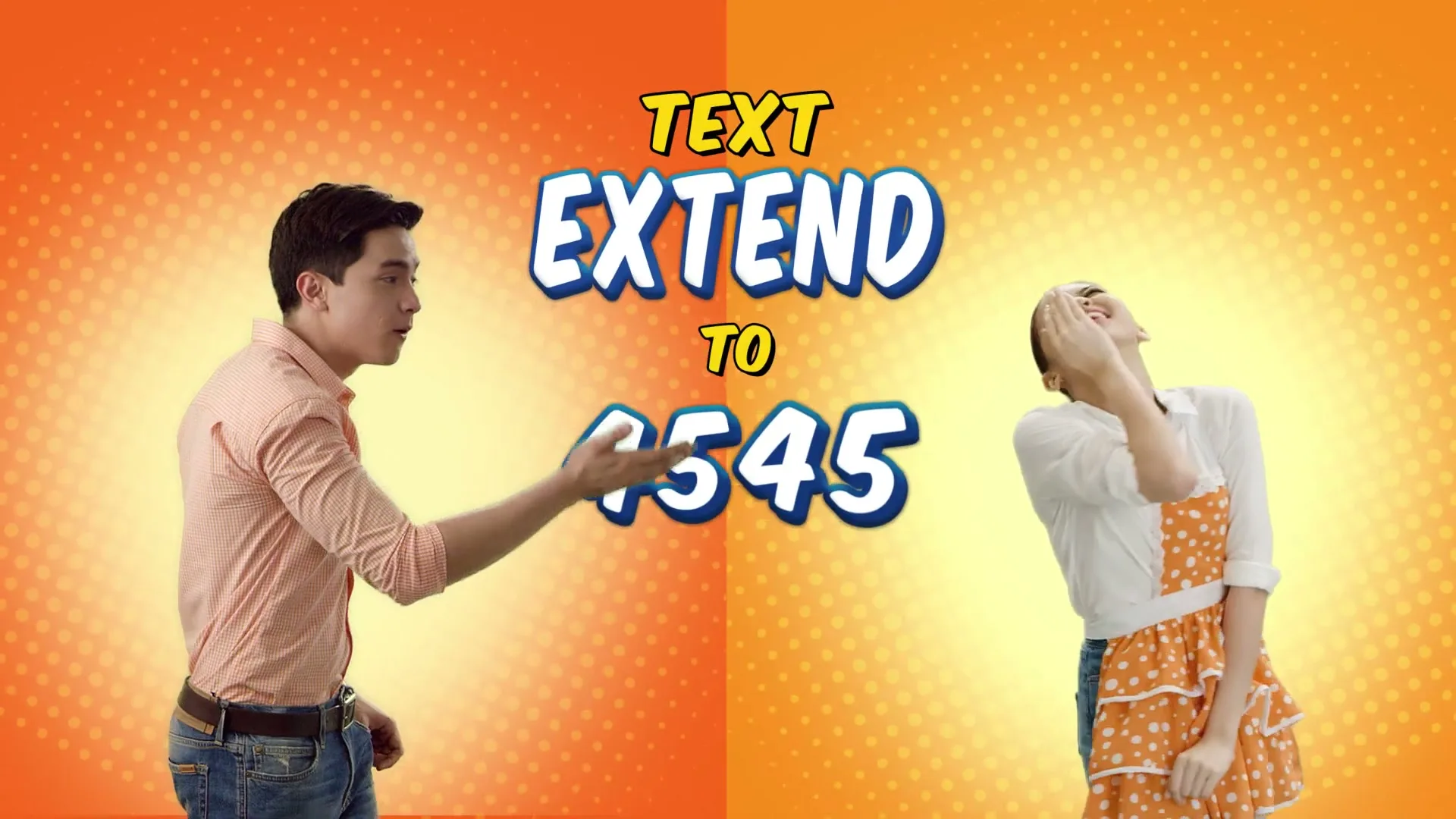 A young man and woman, dressed in casual attire, stand on opposite sides of a split orange background, looking at each other and smiling as text appears between them.