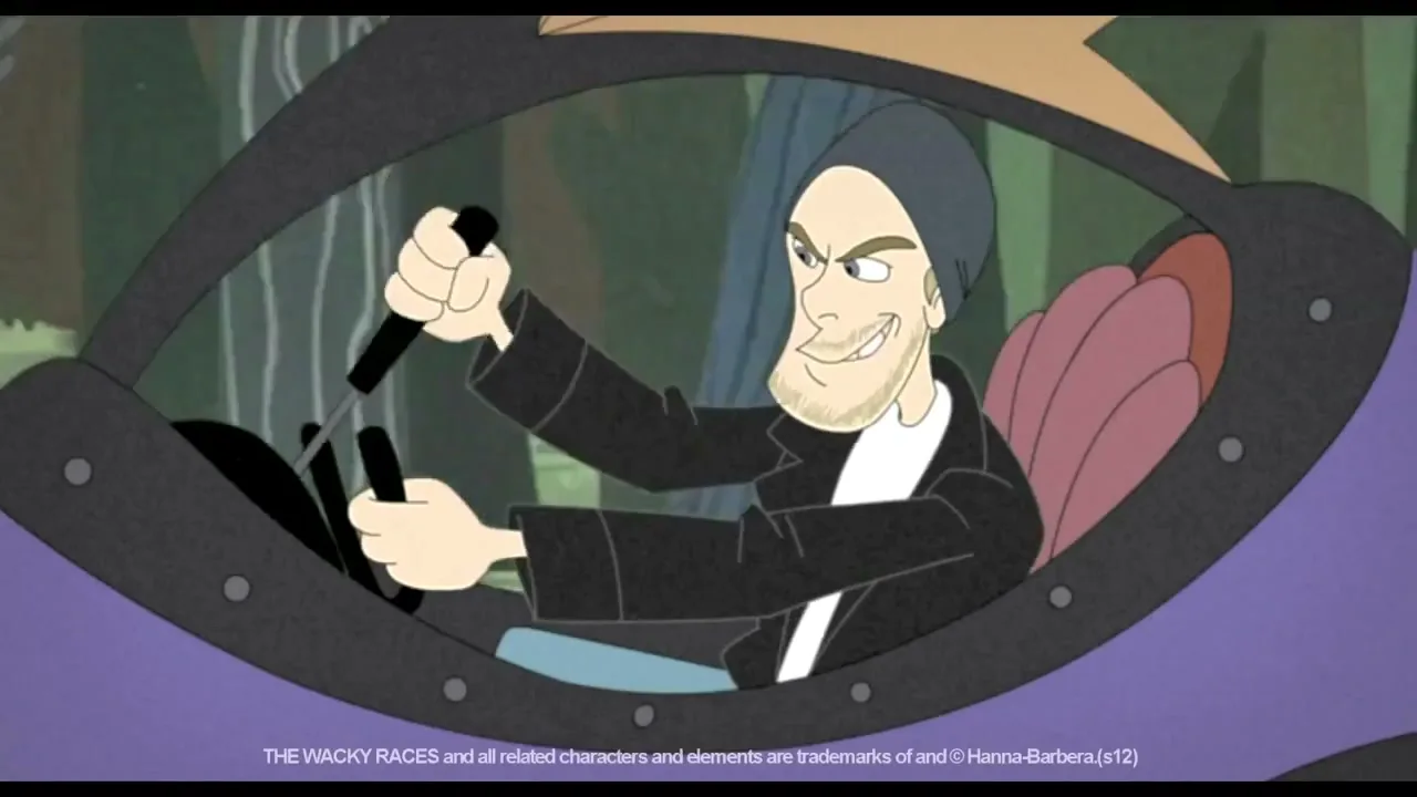 An animated male character with a beanie and beard drives a purple race car through a forest, looking determined.