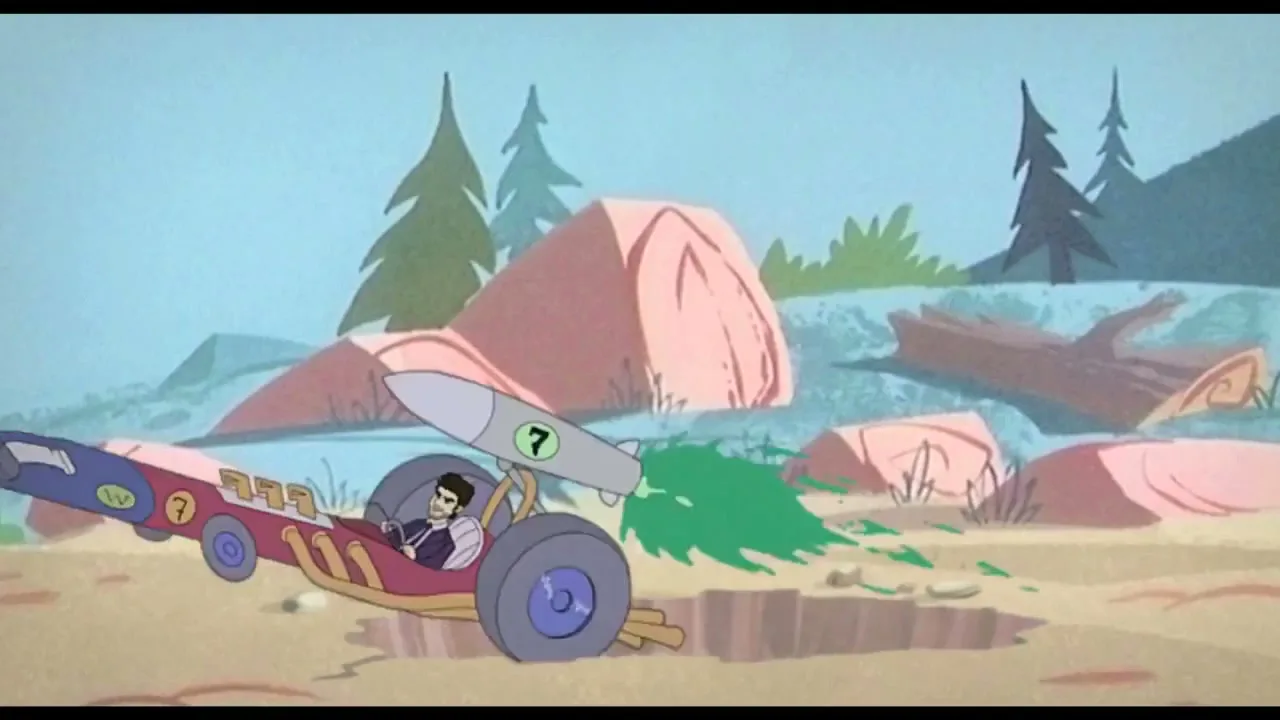 A cartoon man in a rocket-powered buggy drives over a hole in a desert landscape with pink rocks and green trees.