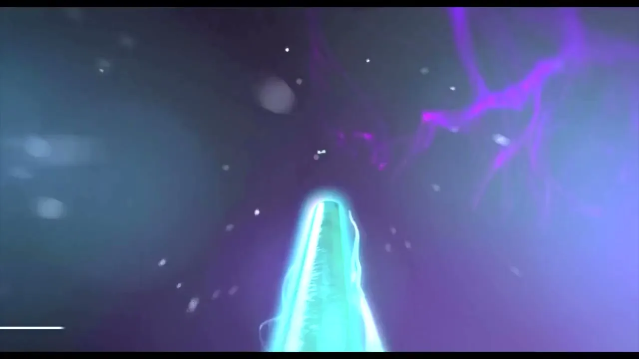 A glowing green object with a blue aura moves through a dark, star-filled space, leaving a trail of light.