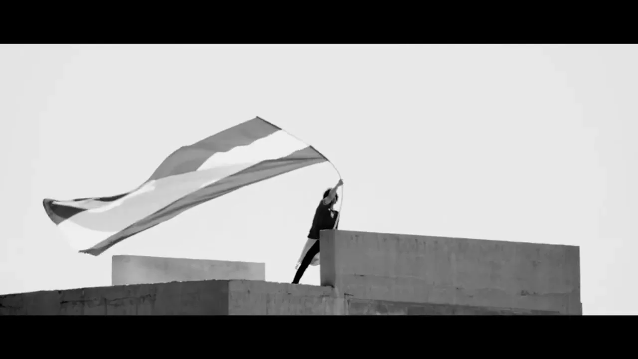 A young man in a soccer jersey stands on a rooftop, waving a large flag against a bright, clear sky in black and white.