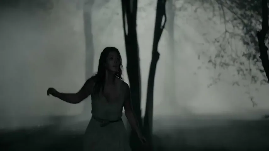 A young woman with messy hair and dirty clothes runs through a foggy, dark forest, looking over her shoulder in fear.