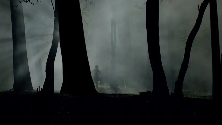 A child's silhouette runs through a misty forest, with tall, dark trees framing the shot, creating a mysterious atmosphere.