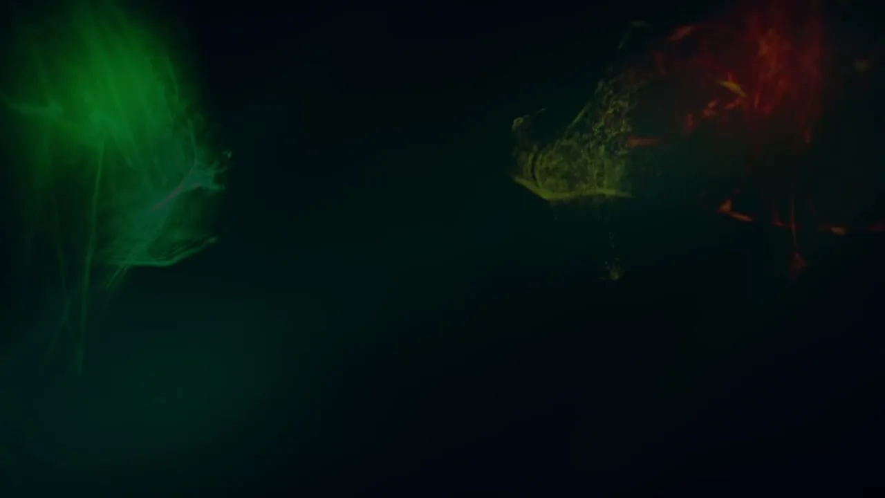 Abstract green and red light streaks move and expand on a dark background, creating a dynamic visual effect.