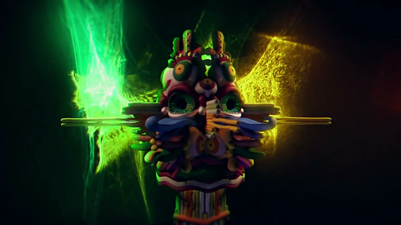 A colorful, abstract, claymation-style creature with multiple eyes and a long nose emerges from a dark background with glowing green and yellow light patterns.