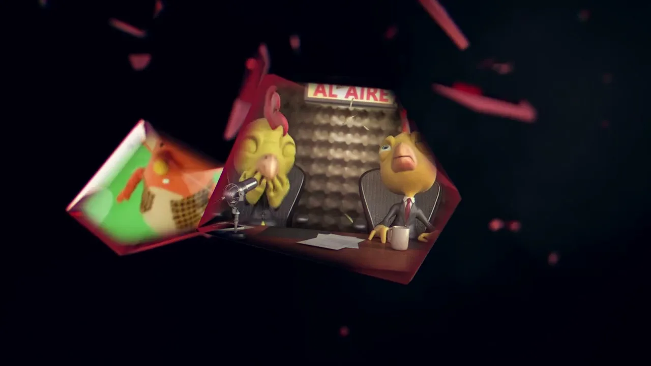 A series of animated, stylized images appear and disappear within a rotating, translucent red prism, against a dark, abstract background.