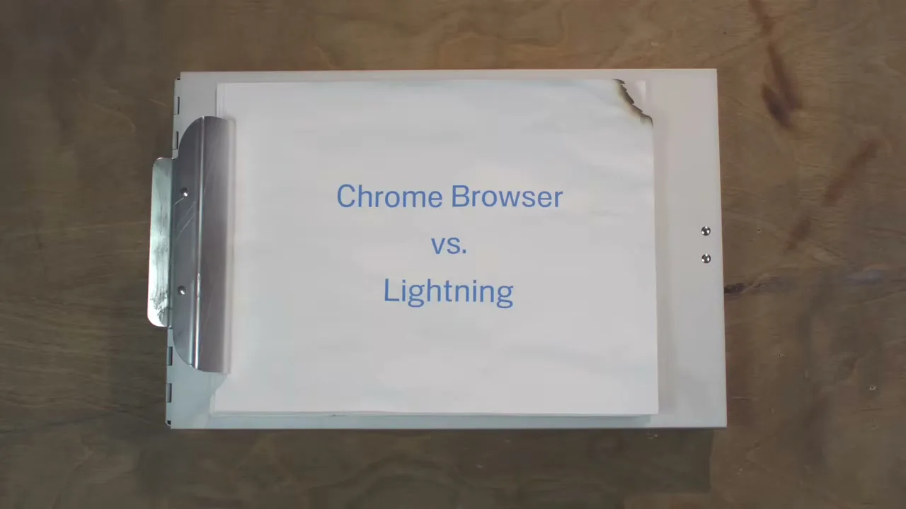 A white piece of paper on a clipboard with the text "Chrome Browser vs. Lightning" is shown on a wooden surface.