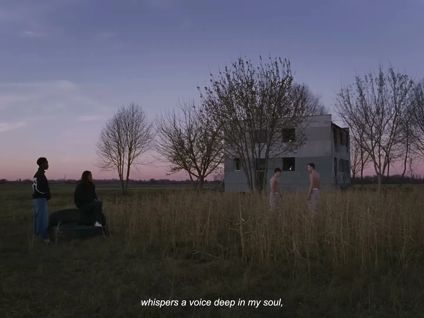 Three young men stand in a field with tall grass and bare trees, with a dilapidated building in the background under a twilight sky.