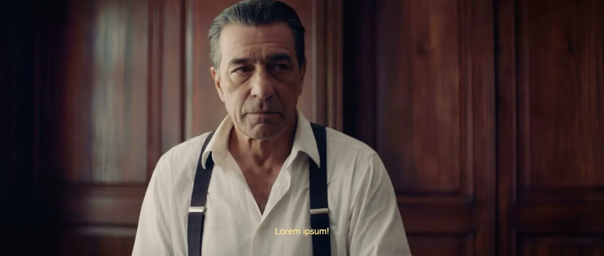 A middle-aged man with slicked-back hair and suspenders looks down, then up with a serious expression, then to the side, in a room with wooden walls.