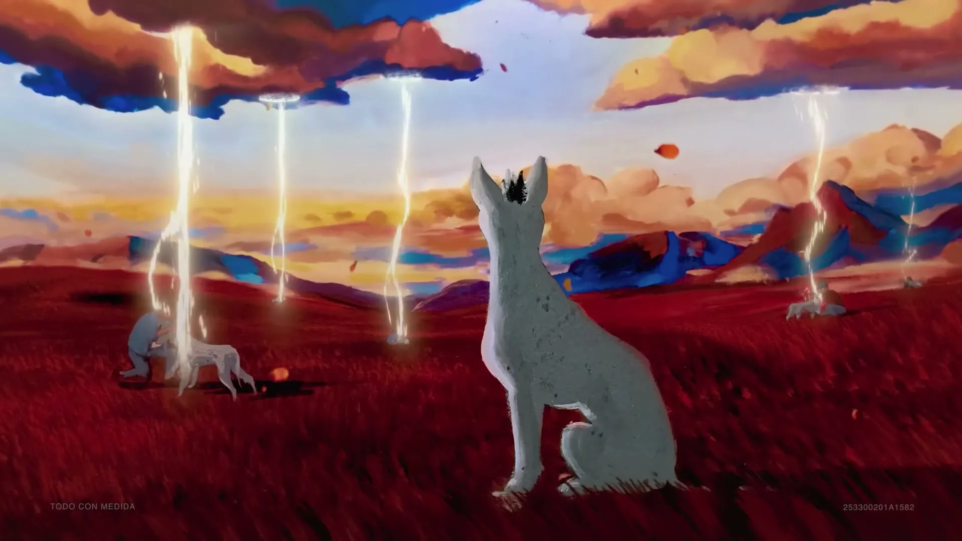 A white dog sits in a red field, looking up at the sky as lightning strikes around it, with a person and another dog in the background.