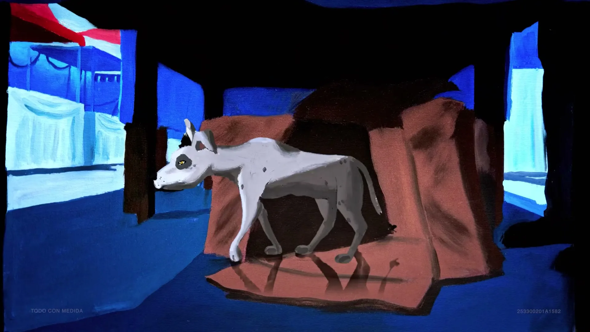 A white dog with black spots sits then stands in a cardboard box under a table in a dark, stylized market at night.