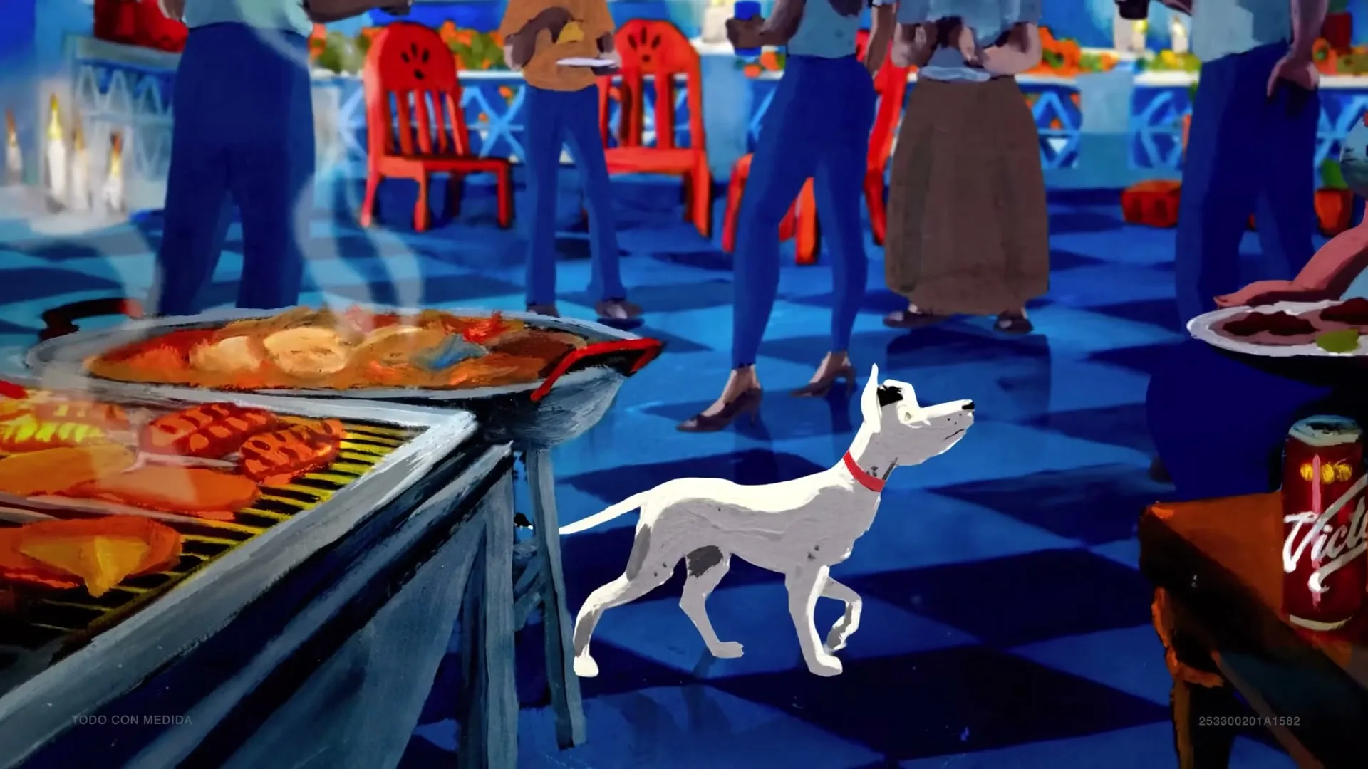 A white dog with a red collar walks past a grill with food, then approaches an older woman eating at a table on a rooftop patio.