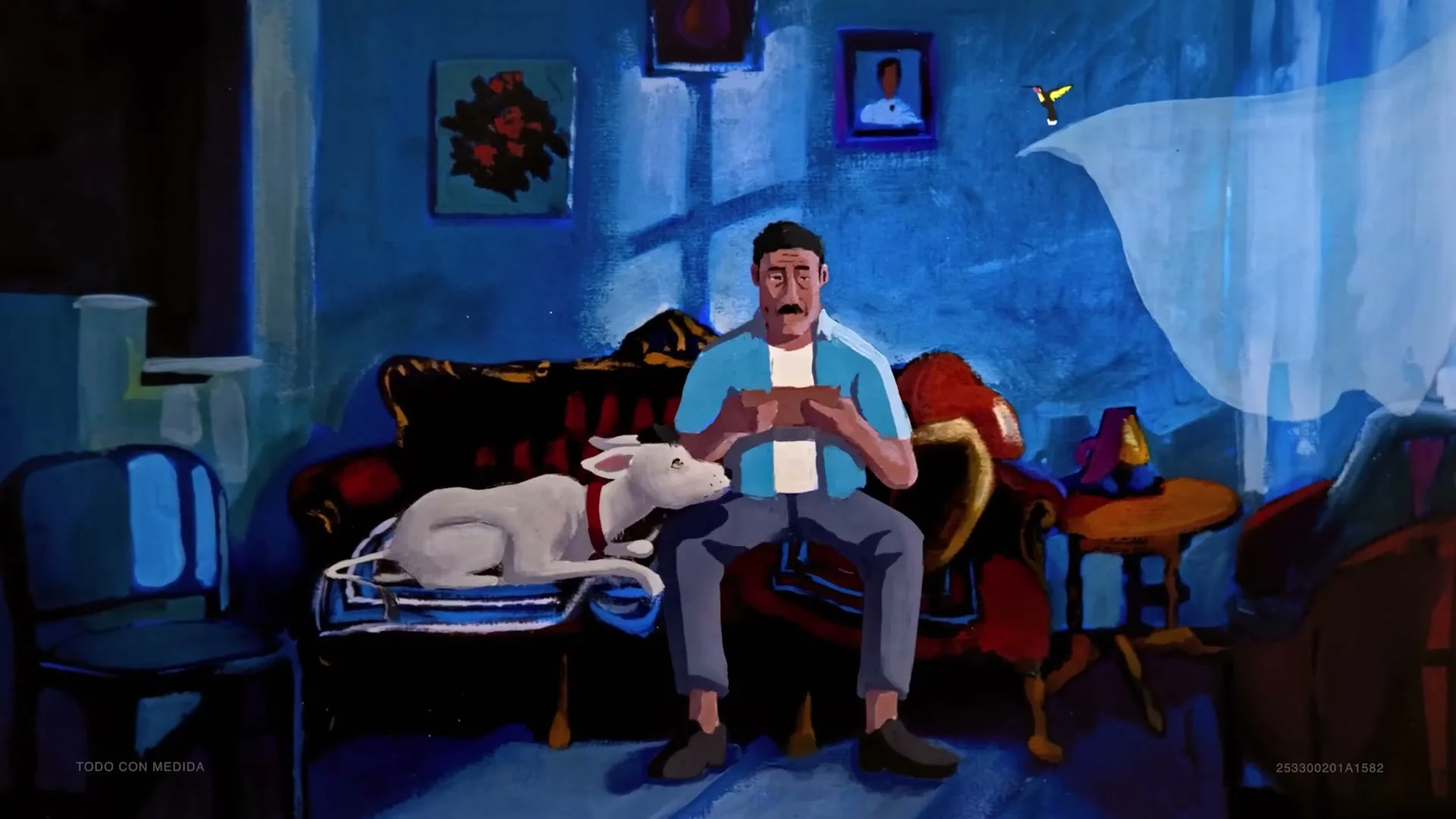 An animated man with a mustache sits on a couch with a white dog, holding a small object, in a blue-toned room.